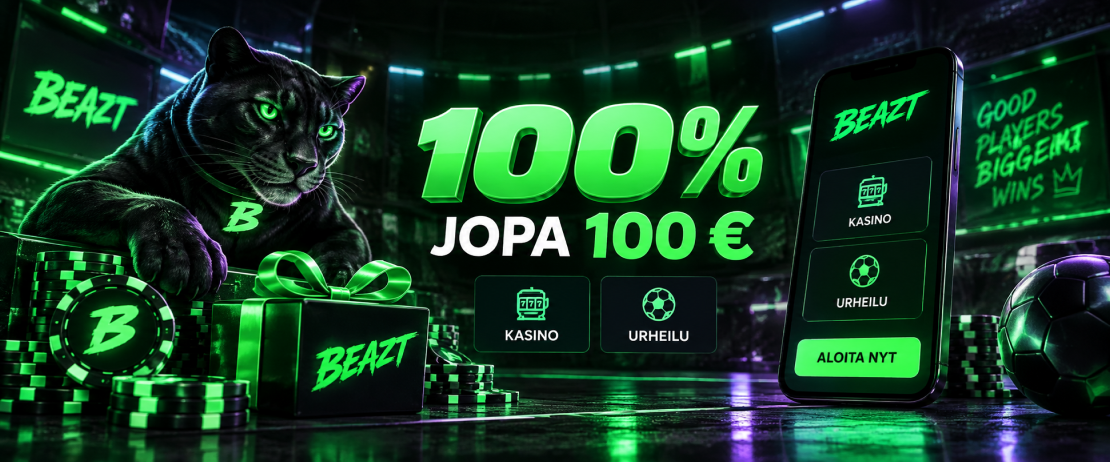 Beazt Casino tervetuliaisbonus 100 % jopa 100 € kasinolle tai urheiluvedonlyöntiin